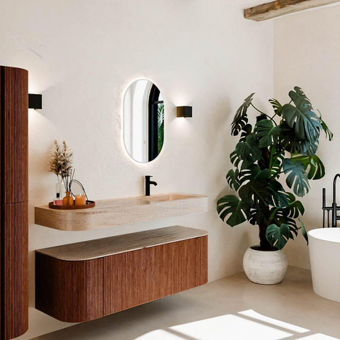 MONDIAZ THOR-DLUX 140cm meuble de salle de bains arrondi gauche + droite couleur Ruby avec 1 tiroir et 2 portes. Vasque suspendue CLOUD Droite 1 trou de robinet couleur Saba. SW1464350