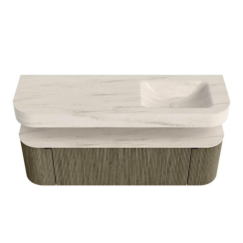 MONDIAZ THOR-DLUX 150cm meuble de salle de bains arrondi gauche + droite couleur Shadow avec 1 tiroir et 2 portes. Vasque suspendue CLOUD Droite sans trou de robinet couleur Meli. SW1464776