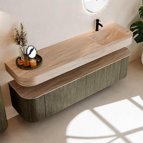 MONDIAZ THOR-DLUX 180cm meuble de salle de bains arrondi gauche + droite couleur Shadow avec 2 tiroirs et 2 portes. Vasque suspendue CLOUD Droite 1 trou de robinet couleur Saba. SW1466245