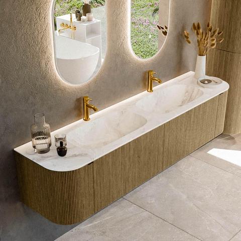 Mondiaz KURVE-DLUX Ensemble de meuble de salle de bains - 190x46x40cm - 2 tiroirs - 2 portes - lavabo solid surface - double - 2 trous de robinet - Dusk SW1415049