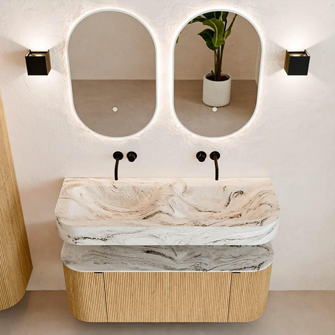 MONDIAZ THOR-DLUX 120cm badmeubel ronding links + rechts kleur Oak met 1 lade en 2 deuren. Vrijhangende wastafel CLOUD Dubbel zonder kraangat kleur Glace. SW1463059