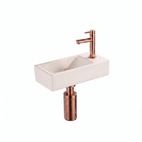 Saniclass Fuente Fontaine set - 40x22x10cm - solid surface blanc cassé - bonde - robinet de fontaine - siphon - cuivre brossé SW1587198