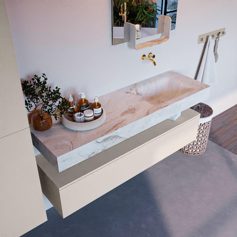 Mondiaz ALAN-DLUX Ensemble de meuble - 150cm - meuble Linen mat - 1 tiroir - Lavabo Cloud Frappe suspendu - vasque Droite - 0 trous de robinet SW805769
