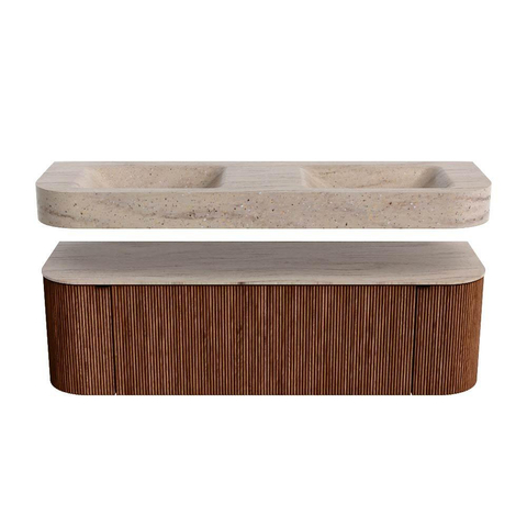 MONDIAZ THOR-DLUX 150cm meuble de salle de bains arrondi gauche + droite couleur Ruby avec 1 tiroir et 2 portes. Vasque suspendue CLOUD Double 2 trous de robinet couleur Saba. SW1464896