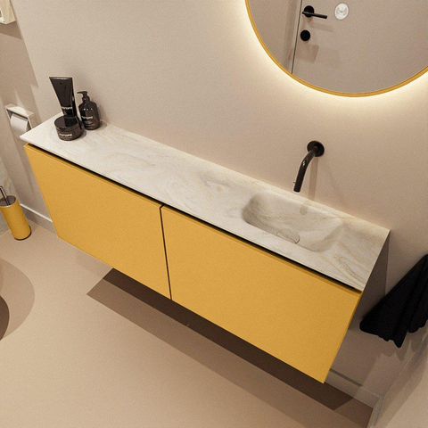 MONDIAZ TURE-DLUX meuble de toilettes 120 cm Ocher. EDEN lavabo Ostra position à droite. Sans trou de robinet. SW1104931