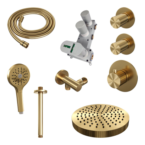 BRAUER Stripe Thermostatische Inbouw Regendouche - SET 06 - 25cm douchekop - plafondarm - 3-standen handdouche - doucheslang - wandaansluitbocht - goud geborsteld PVD SW1434837
