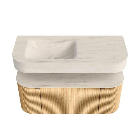 MONDIAZ THOR-DLUX Meuble de salle de bains 110cm arrondi gauche + droite couleur Oak avec 1 tiroir et 2 portes. Vasque suspendue CLOUD Gauche sans trou de robinet couleur Meli. SW1462914