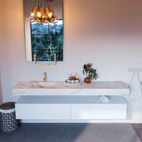 Mondiaz ALAN-DLUX Ensemble de meuble - 200cm - meuble Talc mat - 2 tiroirs - Lavabo Cloud Frappe suspendu - vasque Gauche - 1 trou de robinet SW805350
