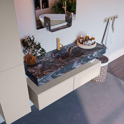 Mondiaz ALAN-DLUX Ensemble de meuble - 130cm - meuble Linen mat - 2 tiroirs - Lavabo Cloud Lava suspendu - vasque Centre - 1 trou de robinet SW808241