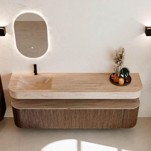 MONDIAZ THOR-DLUX 190cm meuble de salle de bains arrondi gauche + droite couleur Walnut avec 2 tiroirs et 2 portes. Vasque suspendue CLOUD Gauche 1 trou de robinet couleur Saba. SW1466669