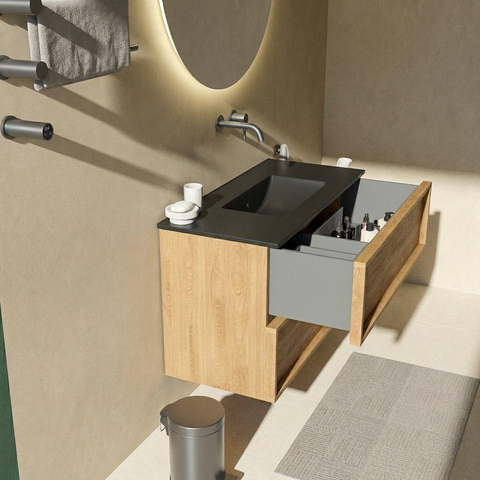Saniclass Holz Frame Ensemble meuble de salle de bains - 100x45x62cm - Lavabo Vygo en céramique noir - 1 vasque - sans trou de robinetterie - 2 tiroirs - chêne natural mat (bois) SW1580008