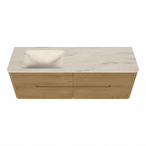 Mondiaz CIRO-DLUX Meuble de salle de bains - 150x45x50cm - Plan vasque Solid surface Meli - 1 vasque à gauche - 1 trou de robinetterie - 4 tiroirs - Chêne SW1531421