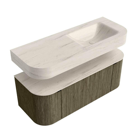 MONDIAZ THOR-DLUX 120cm meuble de salle de bains arrondi gauche + droite couleur Shadow avec 1 tiroir et 2 portes. Vasque suspendue CLOUD Droite 1 trou de robinet couleur Meli. SW1463334