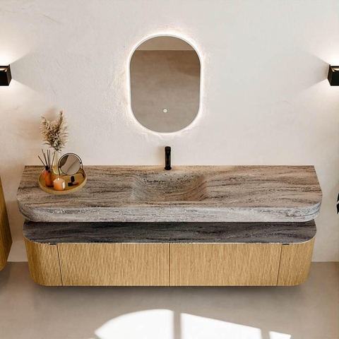 MONDIAZ THOR-DLUX 200cm meuble de salle de bains arrondi gauche + droite couleur Oak avec 2 tiroirs et 2 portes. Vasque suspendue CLOUD Milieu 1 trou de robinet couleur Oza. SW1467187