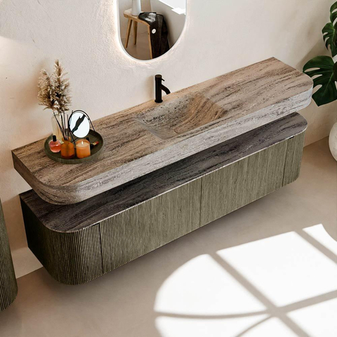 MONDIAZ THOR-DLUX Meuble de salle de bains 190cm arrondi gauche + droite couleur Shadow avec 2 tiroirs et 2 portes. Vasque suspendue CLOUD Milieu 1 trou de robinet couleur Oza. SW1466647