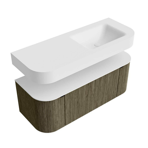 MONDIAZ THOR 120cm meuble de salle de bains arrondi gauche + droite couleur Shadow avec 1 tiroir et 2 portes. Vasque suspendue CLOUD Droite 1 trou de robinet couleur Talc. SW1463165