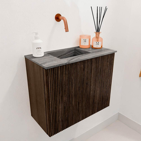 Mondiaz JOYA-DLUX 50cm toiletmeubel - kleur Walnut - Wastafel FAYE positie Links Zonder kraangat kleur Sombra. SW1424708
