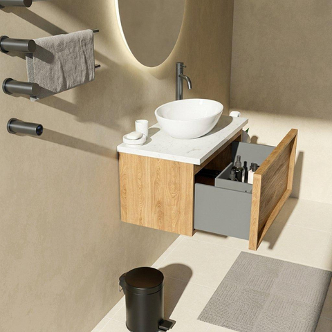 Saniclass Holz Frame Badkamermeubelset - 80x45x43cm - Dia marmeren wastafelblad gepolijst (wit) - 1 kraangat - 1 lade - mat eiken natural (hout) SW1478341