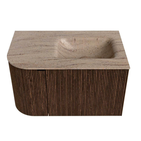 MONDIAZ KURVE-DLUX 75cm badmeubel ronding Links kleur Walnut met 1 lade en 1 deur. Wastafel GRUNNE Rechts 1 kraangat Saba. SW1433133