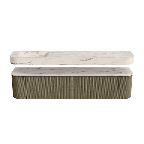 MONDIAZ THOR-DLUX 200cm meuble de salle de bains arrondi gauche + droite couleur Shadow avec 2 tiroirs et 2 portes. Vasque suspendue CLOUD Gauche sans trou de robinet couleur Nata. SW1467182