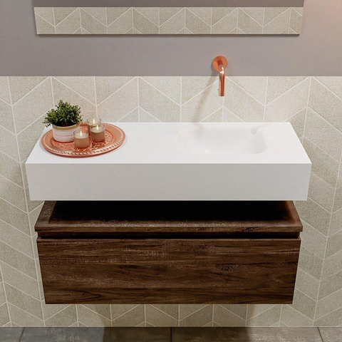 MONDIAZ ANDOR Toiletmeubel - 80x30x30cm - 0 kraangaten - 1 lades - dark brown mat - wasbak rechts - Solid surface - Wit SW474325