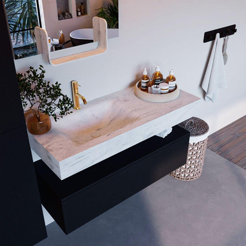 Mondiaz ALAN-DLUX Ensemble de meuble - 110cm - meuble Urban mat - 1 tiroir - Lavabo Cloud Opalo suspendu - vasque Gauche - 1 trou de robinet SW806415