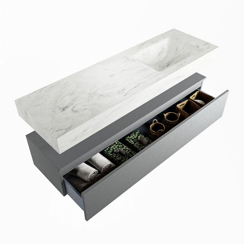 Mondiaz ALAN-DLUX Ensemble de meuble - 150cm - meuble Plata mat - 1 tiroir - Lavabo Cloud Opalo suspendu - vasque Droite - 0 trous de robinet SW806937