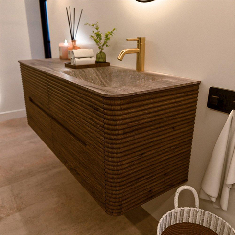 Mondiaz CIRO-DLUX Badkamermeubelset - 130x45x50cm - Solid surface wastafel Oza - 1 wasbak Rechts - 1 kraangat - 4 lades - Dusk SW1533377