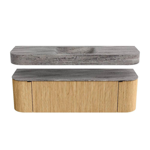 MONDIAZ THOR-DLUX 150cm badmeubel ronding links + rechts kleur Oak met 1 lade en 2 deuren. Vrijhangende wastafel CLOUD Midden zonder kraangat kleur Oza. SW1464847