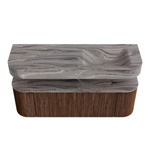 MONDIAZ THOR-DLUX 140cm badmeubel ronding links + rechts kleur Walnut met 1 lade en 2 deuren. Vrijhangende wastafel CLOUD Rechts zonder kraangat kleur Sombra. SW1464335