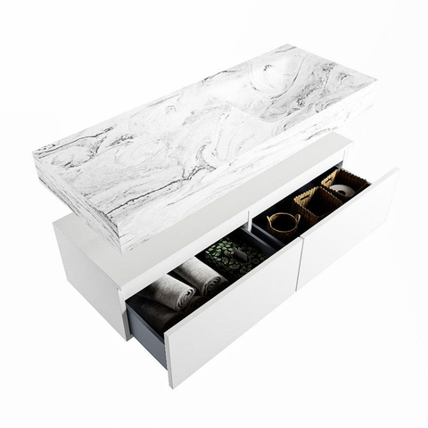 Mondiaz ALAN-DLUX Ensemble de meuble - 120cm - meuble Talc mat - 2 tiroirs - Lavabo Cloud Glace suspendu - vasque Droite - 0 trous de robinet SW805185