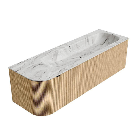 MONDIAZ KURVE-DLUX Meuble de salle de bains 145 cm avec module 25 L couleur Oak avec 1 tiroir et 1 porte. Lavabo BIG LARGE à droite sans trou de robinet couleur Glace. SW1137947