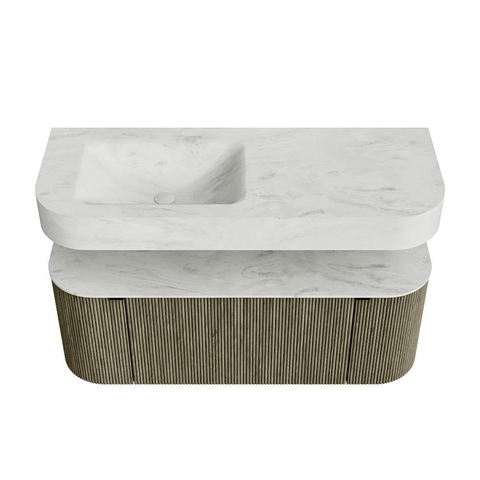 MONDIAZ THOR-DLUX 120cm meuble de salle de bains arrondi gauche + droite couleur Shadow avec 1 tiroir et 2 portes. Vasque suspendue CLOUD Gauche sans trou de robinet couleur Opalo. SW1463197