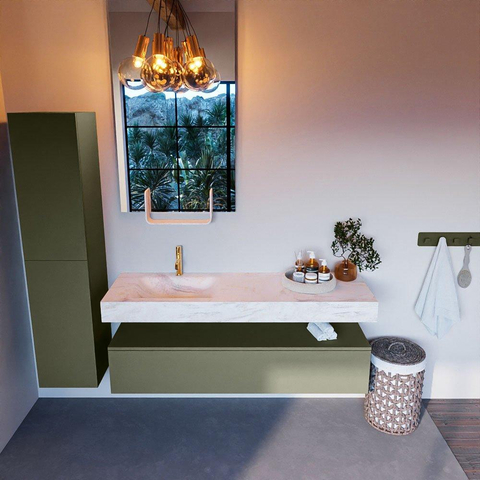 Mondiaz ALAN-DLUX Ensemble de meuble - 150cm - meuble Army mat - 1 tiroir - Lavabo Cloud Ostra suspendu - vasque gauche - 1 trou de robinet SW807422