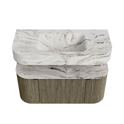 MONDIAZ THOR-DLUX 100cm meuble de salle de bains arrondi gauche + droite couleur Shadow avec 1 tiroir et 2 portes. Vasque suspendue CLOUD Milieu sans trou de robinet couleur Glace. SW1467439