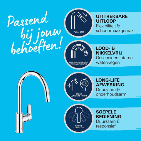 Grohe Start Edge Robinet de cuisine - 1 trou - bec haut orientable extensible - saillie 21,5 cm - levier fermé - chromé SW924867