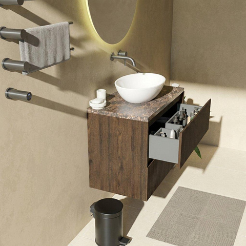 Saniclass Holz Atelier Badkamermeubelset - 80x45x63cm - Noche natuurstenen topblad dark emperador - zonder kraangat - 2 lades - mat eiken charcoal (hout) SW1478262