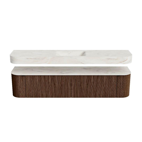 MONDIAZ THOR-DLUX 200cm meuble de salle de bains arrondi gauche + droite couleur Walnut avec 2 tiroirs et 2 portes. Vasque suspendue CLOUD Milieu sans trou de robinet couleur Ostra. SW1467004