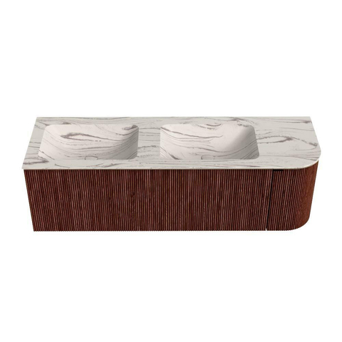 MONDIAZ KURVE-DLUX Meuble de salle de bains 145cm arrondi à droite couleur Ruby avec 1 tiroir et 1 porte. Lavabo LEAF Double / Gauche 2 trous de robinet Nata. SW1432565