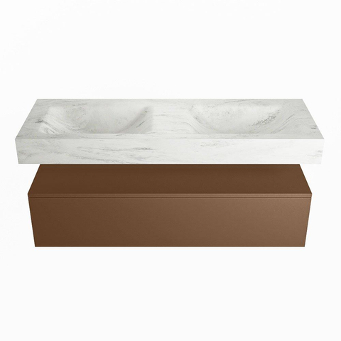 Mondiaz ALAN-DLUX Ensemble de meuble - 130cm - meuble Rust mat - 1 tiroir - Lavabo Cloud Opalo suspendu - vasque Gauche et droite - 0 trous de robinet SW806499