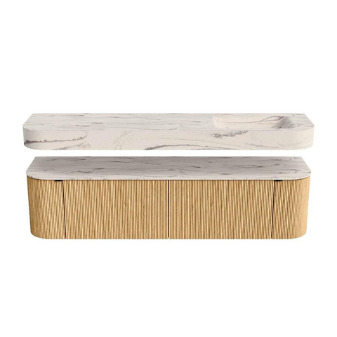 MONDIAZ THOR-DLUX 180cm meuble de salle de bains arrondi gauche + droite couleur Oak avec 2 tiroirs et 2 portes. Vasque suspendue CLOUD Droite sans trou de robinet couleur Nata. SW1466208