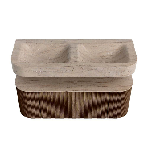 MONDIAZ THOR-DLUX 120cm badmeubel ronding links + rechts kleur Walnut met 1 lade en 2 deuren. Vrijhangende wastafel CLOUD Dubbel 2 kraangaten kleur Saba. SW1463478