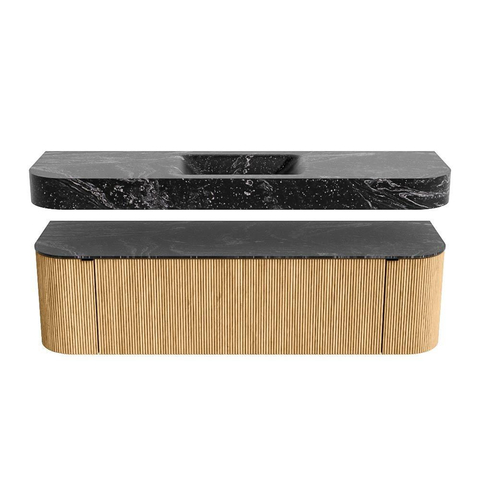 MONDIAZ THOR-DLUX 160cm badmeubel ronding links + rechts kleur Oak met 1 lade en 2 deuren. Vrijhangende wastafel CLOUD Midden zonder kraangat kleur Lava. SW1464951