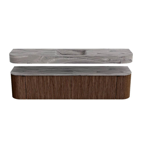 MONDIAZ THOR-DLUX Meuble de salle de bains 190cm arrondi gauche + droite couleur Walnut avec 2 tiroirs et 2 portes. Vasque suspendue CLOUD Milieu 1 trou de robinet couleur Sombra. SW1466710