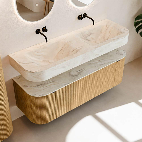 MONDIAZ THOR-DLUX 140cm badmeubel ronding links + rechts kleur Oak met 1 lade en 2 deuren. Vrijhangende wastafel CLOUD Dubbel zonder kraangat kleur Ostra. SW1463937