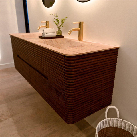 Mondiaz CIRO-DLUX Badkamermeubelset - 150x45x50cm - Solid surface wastafel Saba - 2 wasbak Dubbel - 2 kraangaten - 4 lades - Ruby SW1531892
