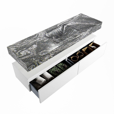Mondiaz ALAN-DLUX Ensemble de meuble - 150cm - meuble Talc mat - 2 tiroirs - Lavabo Cloud Lava suspendu - vasque Centre - 0 trous de robinet SW807927