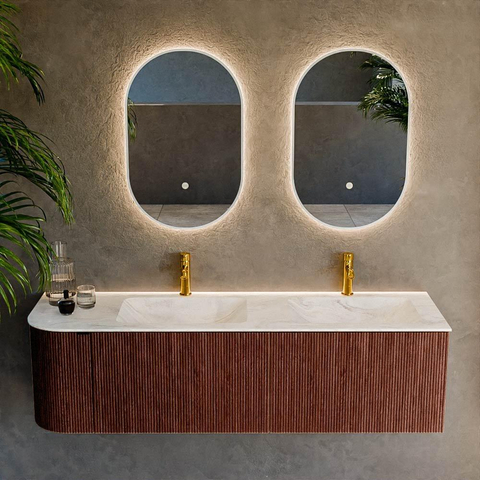 Mondiaz KURVE-DLUX Ensemble de meuble de salle de bains - 155x46x40cm - 2 tiroirs - 1 porte - vasque solid surface - double / droite - 2 trous de robinet - Ruby SW1415931