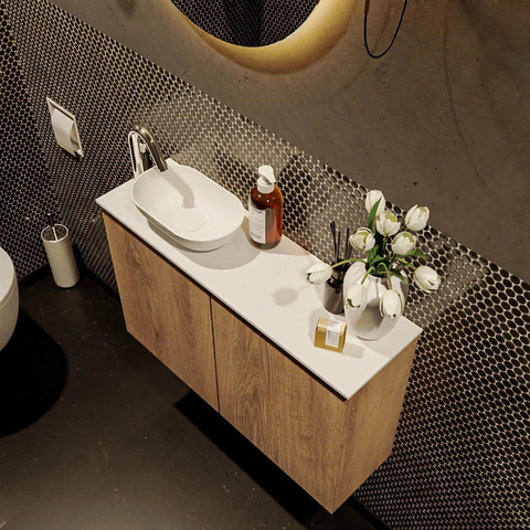 Mondiaz Fowy Meuble WC - 80x50x23cm - chêne blanchi mat - 1 trou de robinet - lavabo à gauche - 2 portes - solid surface - plan Mélamine - lavabo : blanc SW761430