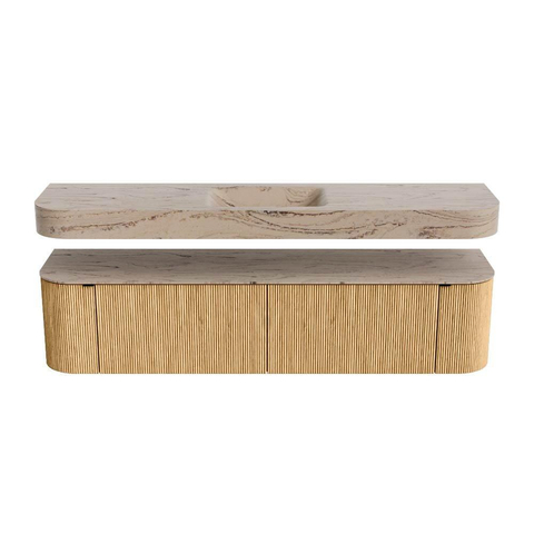 MONDIAZ THOR-DLUX Meuble de salle de bains - 190cm - arrondi gauche + droite - couleur Oak - 2 tiroirs et 2 portes - Vasque suspendue CLOUD Milieu sans trou de robinet - couleur Arena SW1466570